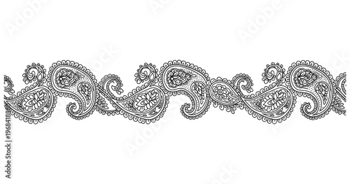 Ornamental paisley border with flowers and leaves, ethnic monochrome line art illustration for frame or invitation design.