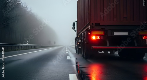 Truck's Red Taillights Gleaming On A Wet Road During A Foggy Day
