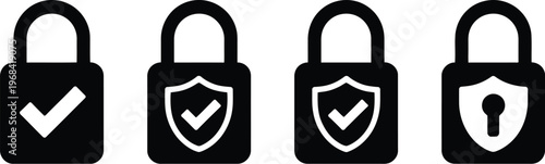Security padlock icon set, vector illustration featuring circle and shield with lock and check mark icons representing cyber defense and data protection.