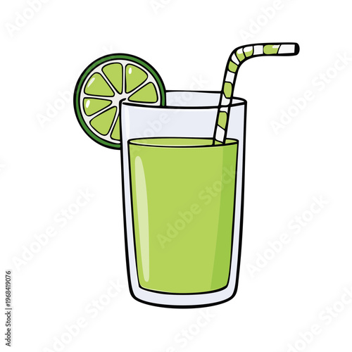Refreshing green beverage in a tall glass with a lime slice and striped straw