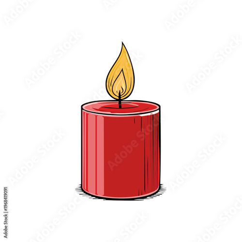 Bright red cylindrical candle with a flickering yellow orange flame burning brightly