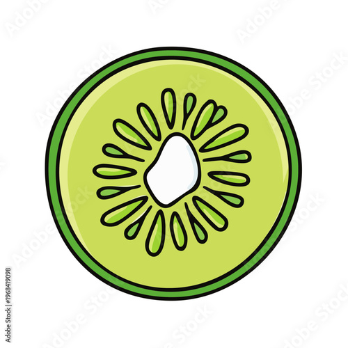 Vibrant cross section of a ripe kiwi fruit illustration with bright green flesh