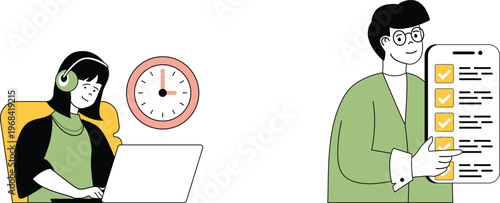Two individuals engaged in a remote task management and virtual meeting scenario with checklist and timer icons