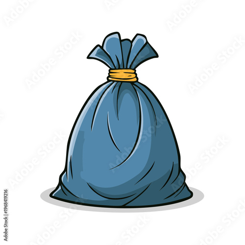 Blue garbage bag tied with a yellow string on a white background illustration