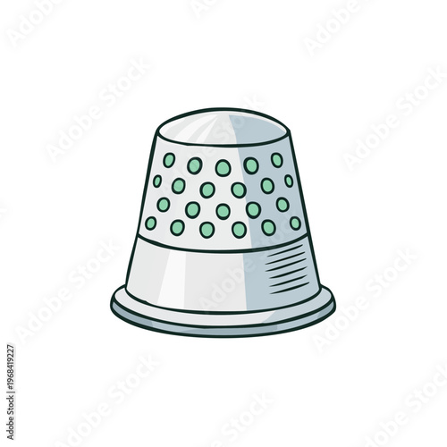 Hand-drawn illustration of a sewing thimble with a metallic finish and green dimples