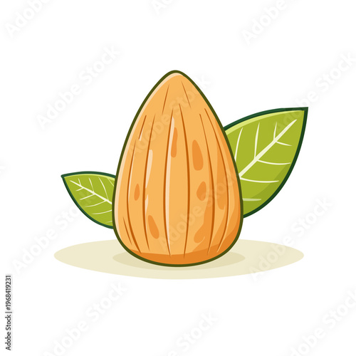 Single Almond Nut with Green Leaves in a Stylized Cartoon Illustration