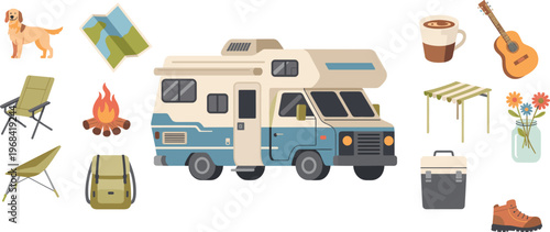 Camping vector illustration, camper van with outdoor gear dog campfire guitar backpack coffee cooler tent, travel adventure nature design collection