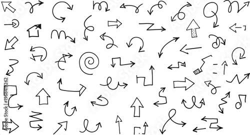 Hand drawn arrow collection with curved, spiral and directional sketch arrows isolated on white background for navigation, design elements and icons