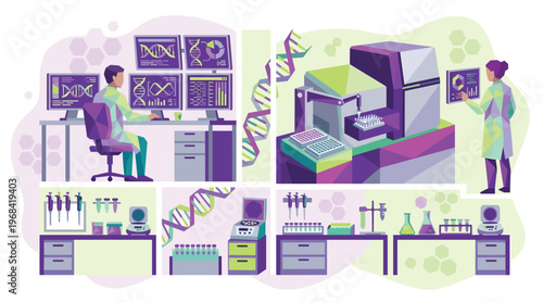 Meticulous scientists in lab coats conduct advanced genetic research using high-tech sequencers and multi-monitor computer stations in a sterile, modern laboratory setting.