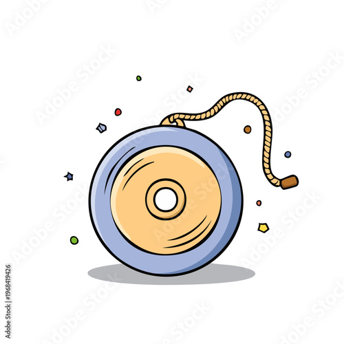 Close-up illustration of a retro yo-yo toy with a rope and colorful confetti