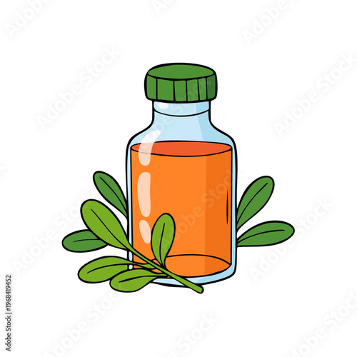 Glass bottle with green cap filled with amber liquid and green leaves beside it illustration