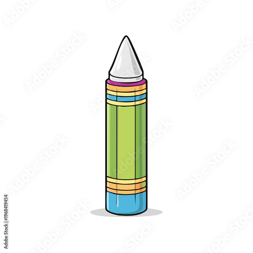 Single brightly colored crayon with pointed tip and striped paper wrapper