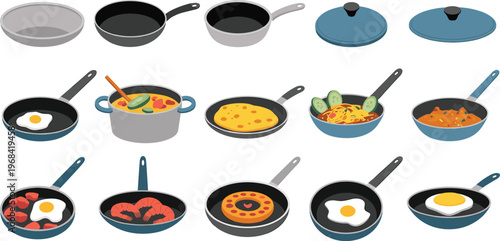Kitchen cookware vector illustration, frying pans pots with food, eggs soup pasta curry shrimp pancake, cooking utensils design, culinary art collection