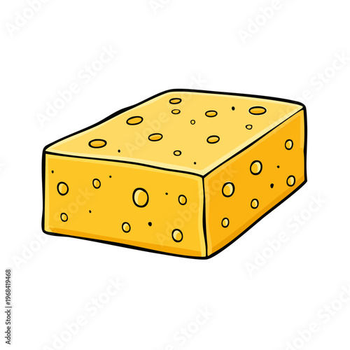 Yellow cheese block with holes, cartoon illustration of dairy food product