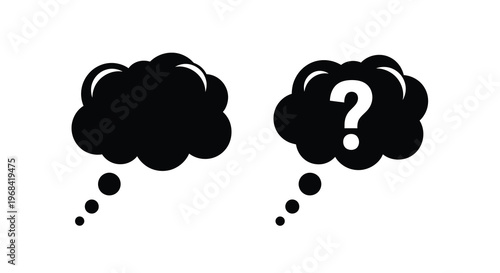 Two black thought bubbles one with a question mark a striking silhouette