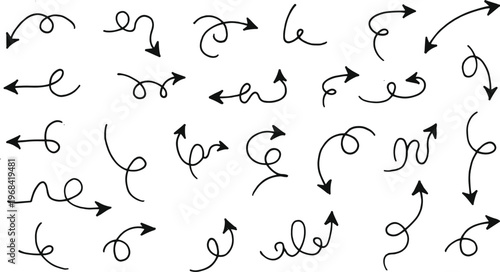 Hand drawn curly arrow collection set with looping, curved and decorative sketch arrows isolated on white background vector illustration