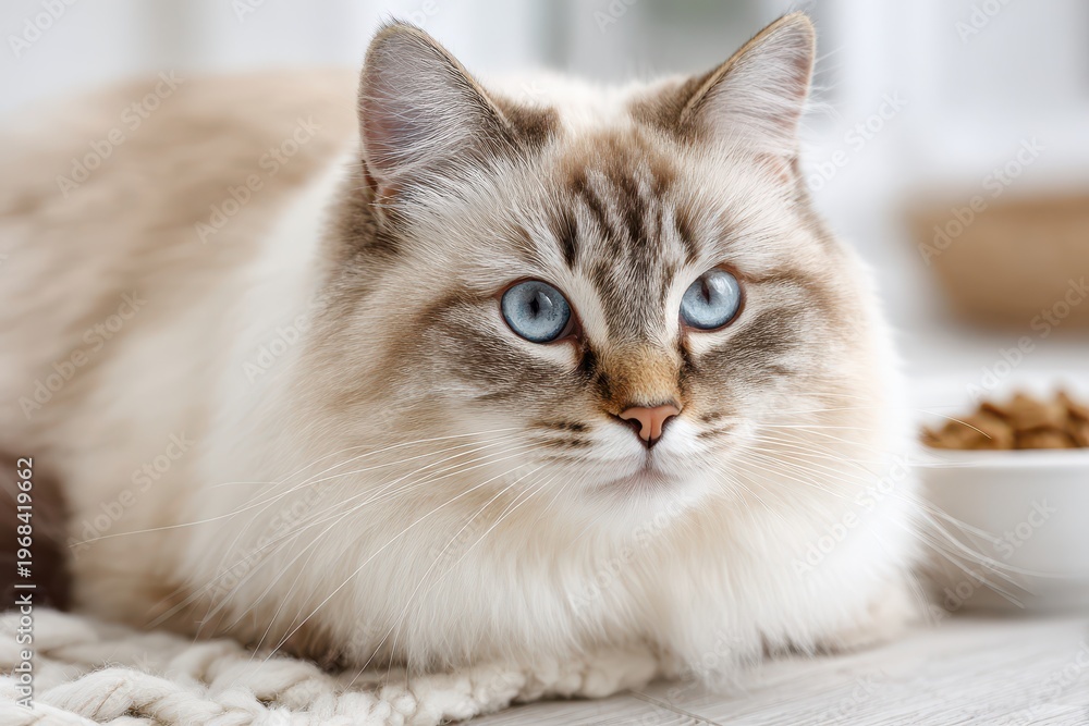 Naklejka premium Close-up portrait of a beautiful fluffy Ragdoll cat with striking blue eyes and soft fur.