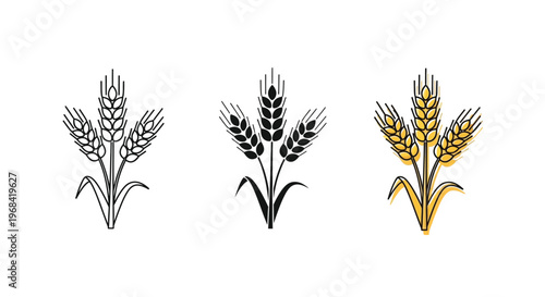 Three wheat stalks in varying styles including a dark silhouette