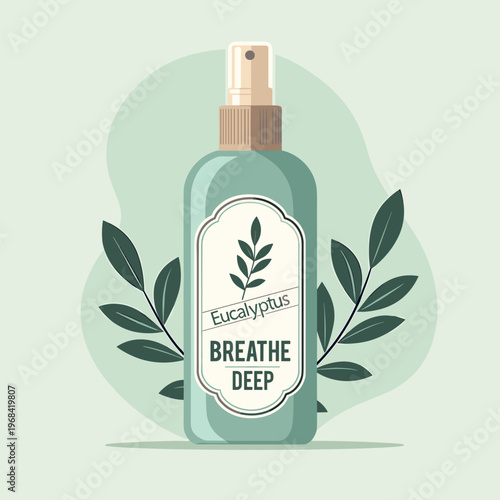 eucalyptus essential oil spray bottle illustration with breathe deep label for aromatherapy blogs, wellness apps, health posters, spa branding, and mental health social posts, with copy space