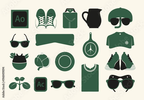Modern Flat Icon Set of Lifestyle and Fashion Items in Forest Green and Black - Minimalist Vector Graphics for Design Projects