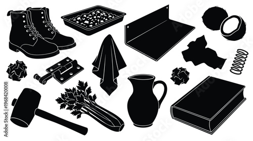 A diverse and random assortment of everyday objects, including boots, celery, a mallet, and a book, is presented as a clean black silhouette collection.