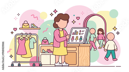 A female retail manager uses a smart tablet to analyze customer traffic data inside a chic clothing boutique with pastel pink and yellow decorative elements.