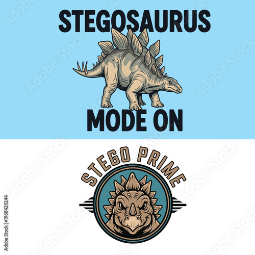 Stegosaurus dinosaur logo with mode on text and stego prime emblem tshirt design