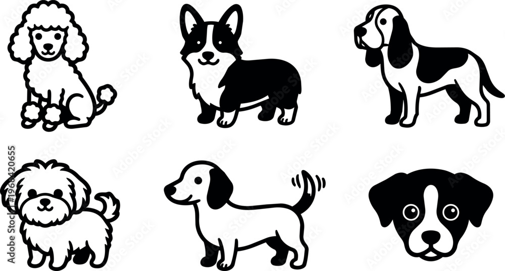 Obraz premium Vector art set of six black and white dogs in cartoon style