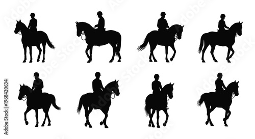 Eight black silhouettes of horseback riders in various poses silhouette
