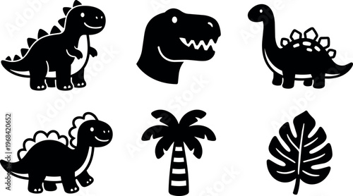 Set of dinosaurs silhouettes with palm tree and leaf icons