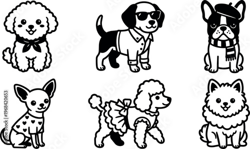 Six cute dogs in playful poses