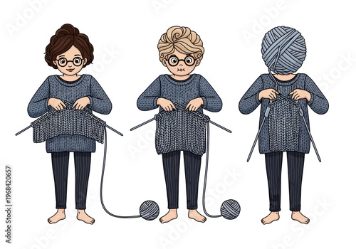 Humorous Illustration of Knitting Hobby Sequence: Character Turning into a Ball of Yarn while Knitting a Sweater, Creative Craft Obsession and DIY Concept Vector