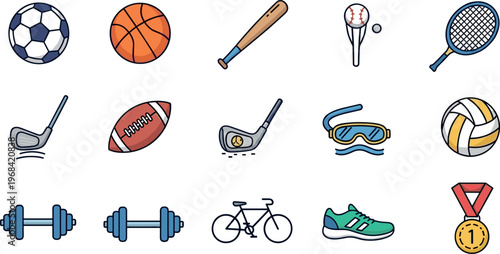 Sports Equipment Collection with Balls, Bats, Dumbbells, Shoes, and Exercise Gear for Active Lifestyle Designs.