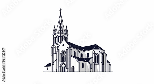 A stylized line drawing of a grand Gothic cathedral with a tall spire