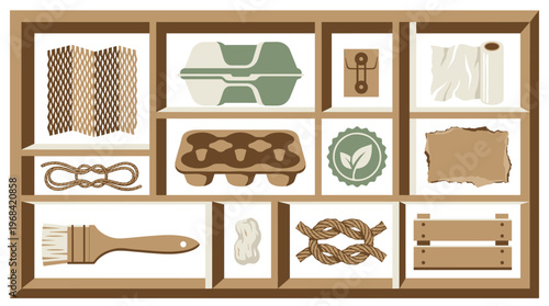 Various eco-friendly packaging materials made from cardboard and paper are neatly organized within the clean compartments of a simple wooden shelf on a neutral background.