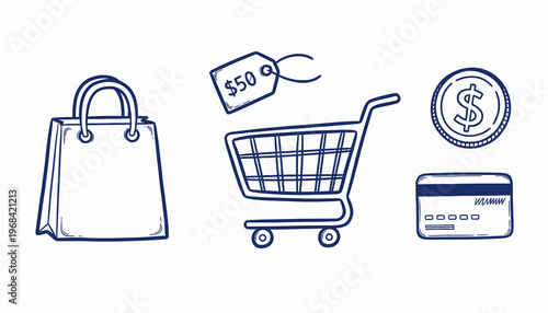 Hand Drawn Shopping Icon Set with Bag Cart Price Tag Coin and Credit Card Symbols Isolated on White Background