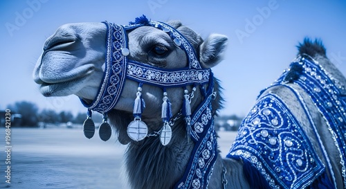 Decorated camel, blue ornate harness, desert animal, exotic pet, camel head close-up