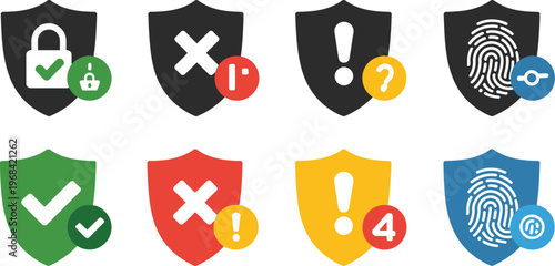 Security shield icon set, vector illustration of lock badges check mark cross mark warning and fingerprint protection icons representing privacy and access security with editable strokes.