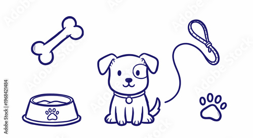 Cute Puppy Care Set with Bone Bowl Leash Paw Print and Sitting Dog Hand Drawn Outline Illustration