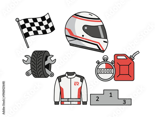 Illustrating essential items for speed competitions, showing gear for drivers, vehicles, and measuring performance