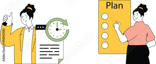 Two people planning and organizing tasks with a checklist and clock symbolizing time management and goal setting together