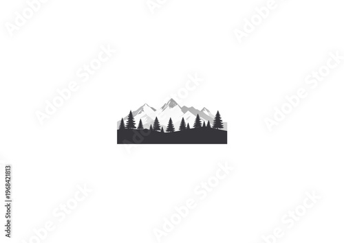  Paisaje de montañas en estilo monocromo con árboles en composición simple.
