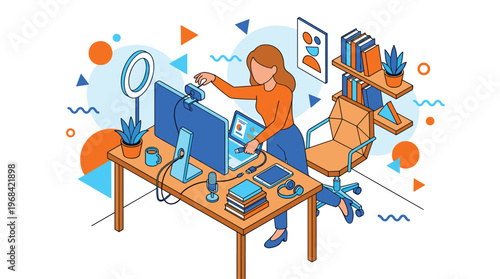 A female streamer in an isometric workspace meticulously adjusts her webcam on a dual monitor setup complete with a ring light, microphone, and vibrant orange and blue accents.