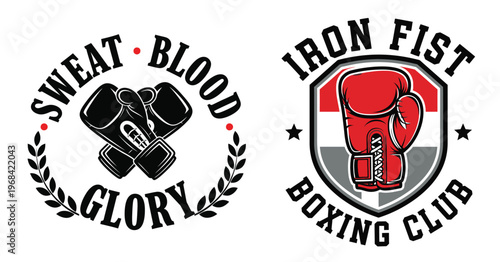 Boxing logos featuring iron fist and sweat blood glory emblems tshirt design