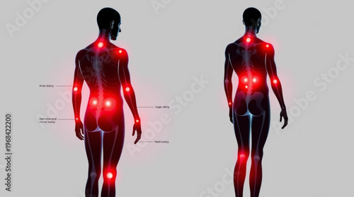 A vector graphic illustration of a human body with red glowing pain points