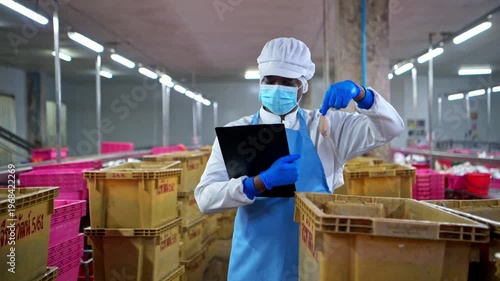 Quality control officer and workers sorting, inspecting raw fish materials in a seafood processing factory before entering the production line