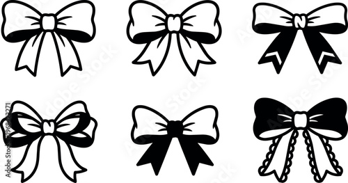 Six black and white bow vector line art set