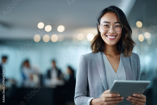 smiling asian businesswoman working tablet office