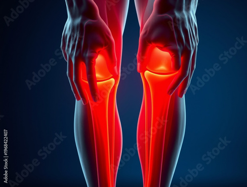 A medical illustration of human knees with highlighted pain areas in red
