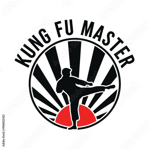 Kung Fu Master logo with a silhouette of a person kicking in a circular design tshirt design